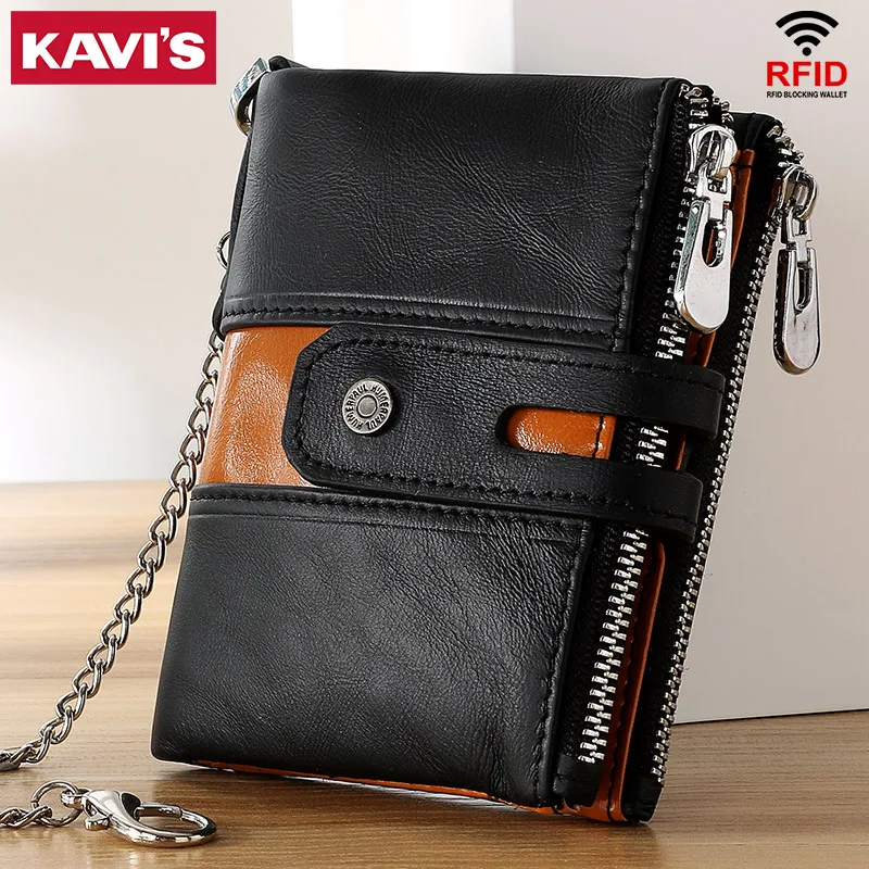 Genuine Leather Wallet for Men Original  Luxury RFID Card Holder with Zipper Coin Purse Anti-theft Chian PORTFOLIO Portomonee