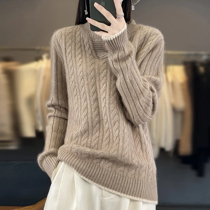 RONGNI brand 100% pure Mink Wool sweater, fashionable and minimalist, computer knitted O-neck, long sleeved women\'s new pullover