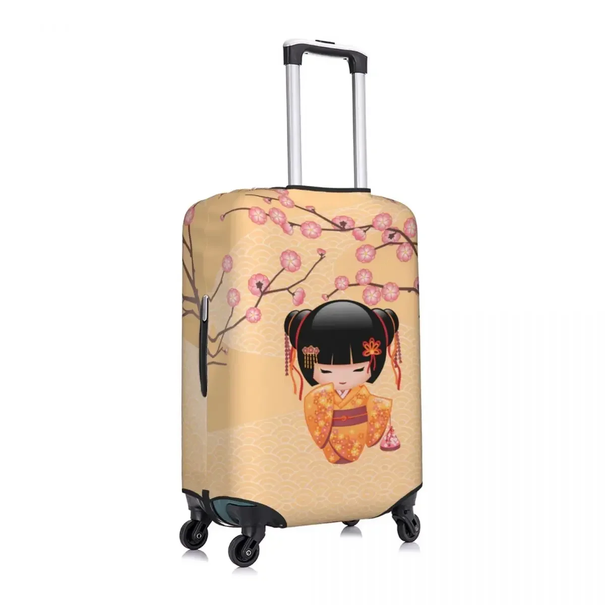 Kawaii Kokeshi Doll Cherry Blossoms Travel Luggage Cover Dust Proof Japanese Geisha Girl Suitcase Cover Protector Fit 18-32 Inch