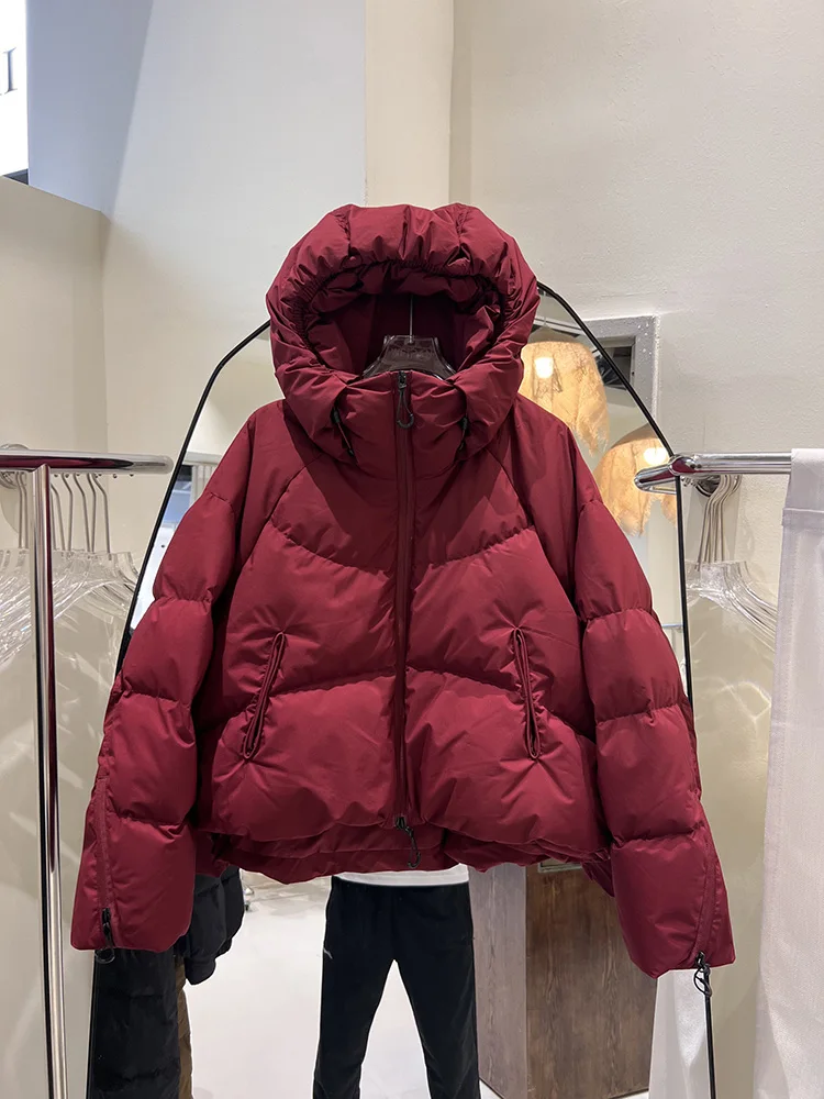 2025 new 90 down jacket sleeve zipper design short style women's hooded fashion loose simple warm white duck down coat