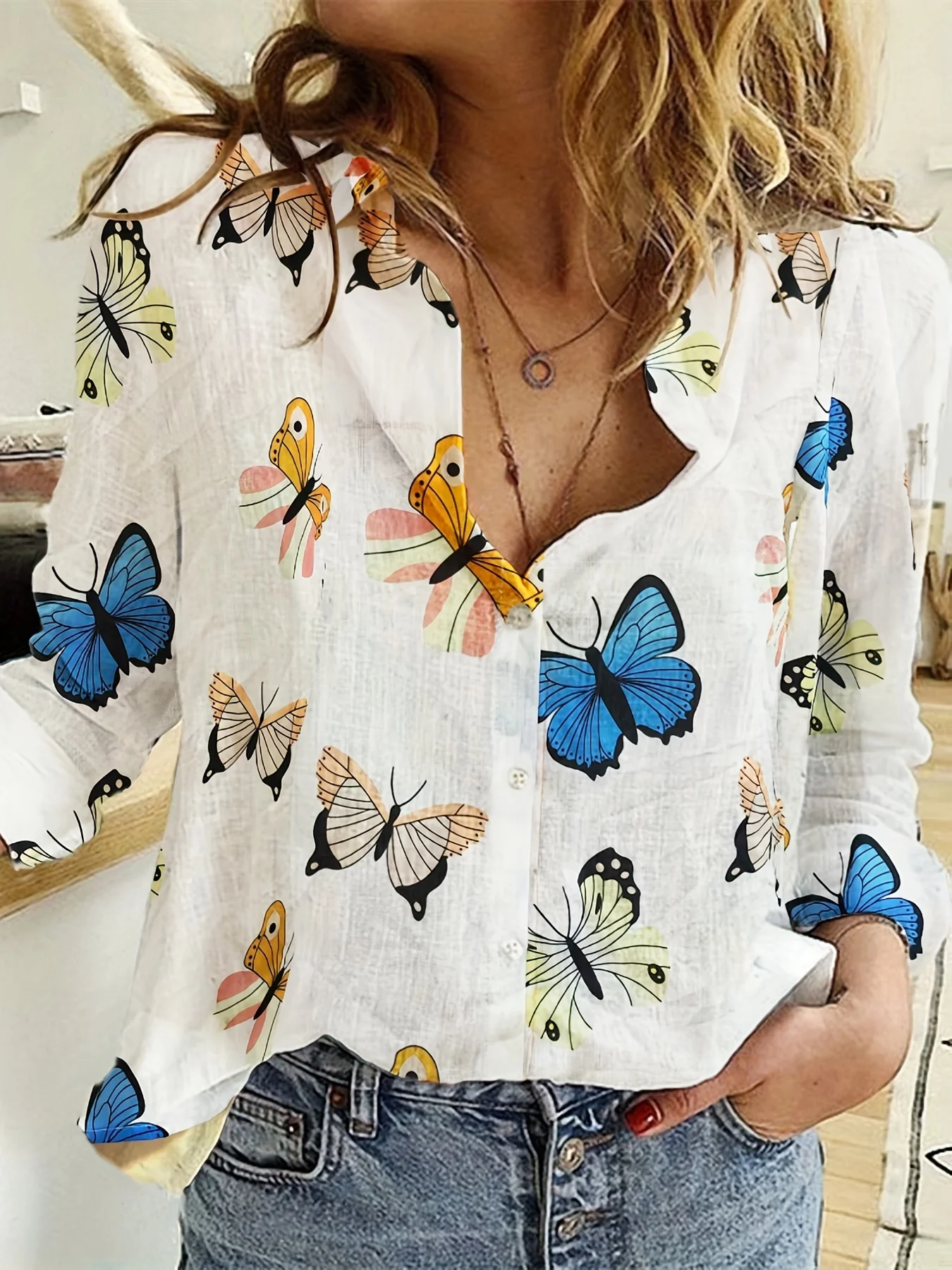 Camisa de lino con estampado de mariposa para mujer, camisa de manga larga con botones delanteros, informal, primavera y otoño