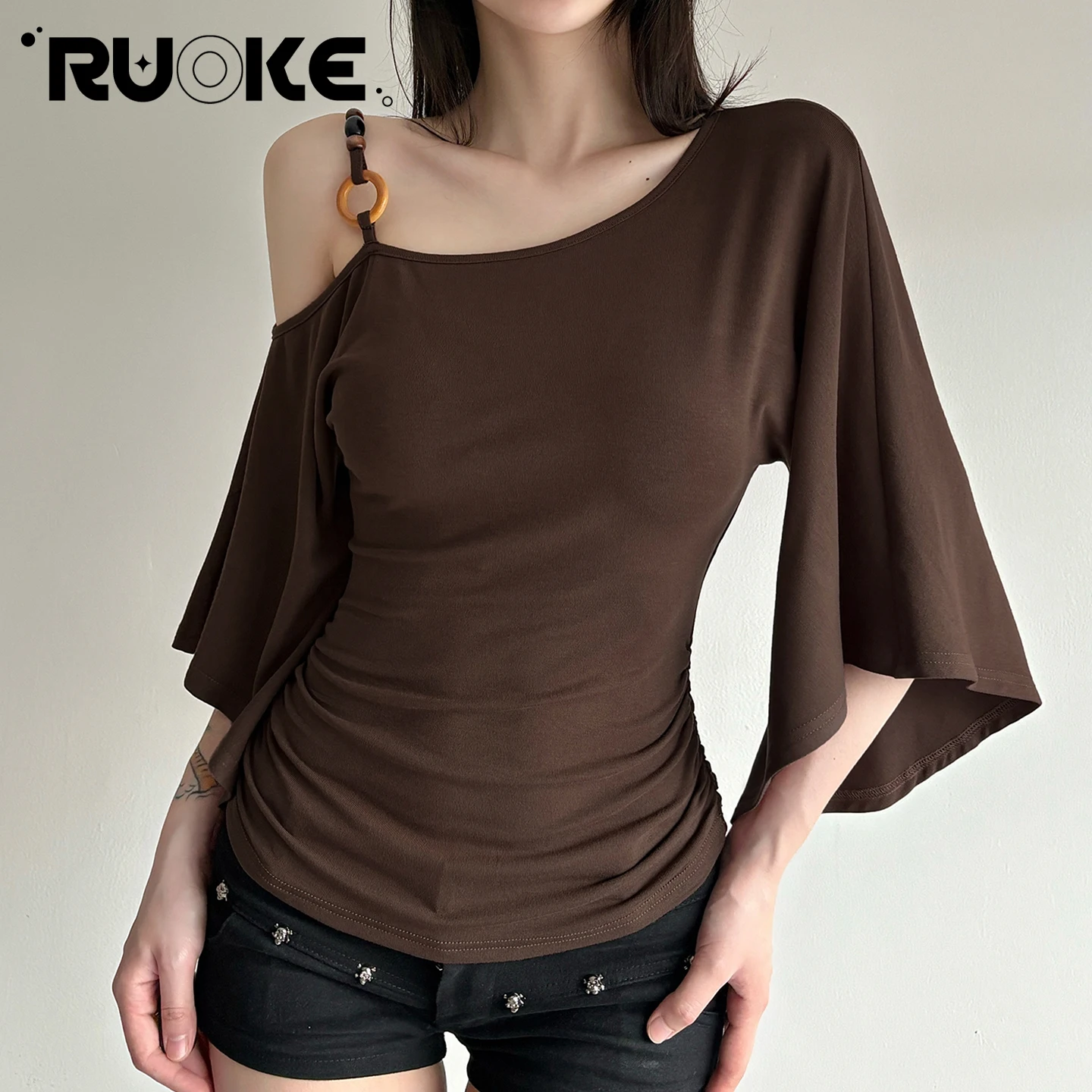 [RUOKE] Casual One Shoulder Top Women Commuter Designed Beaded Slim Fit Flare Sleeve Blouse Daily Outfit Elegant T-shirt Summer
