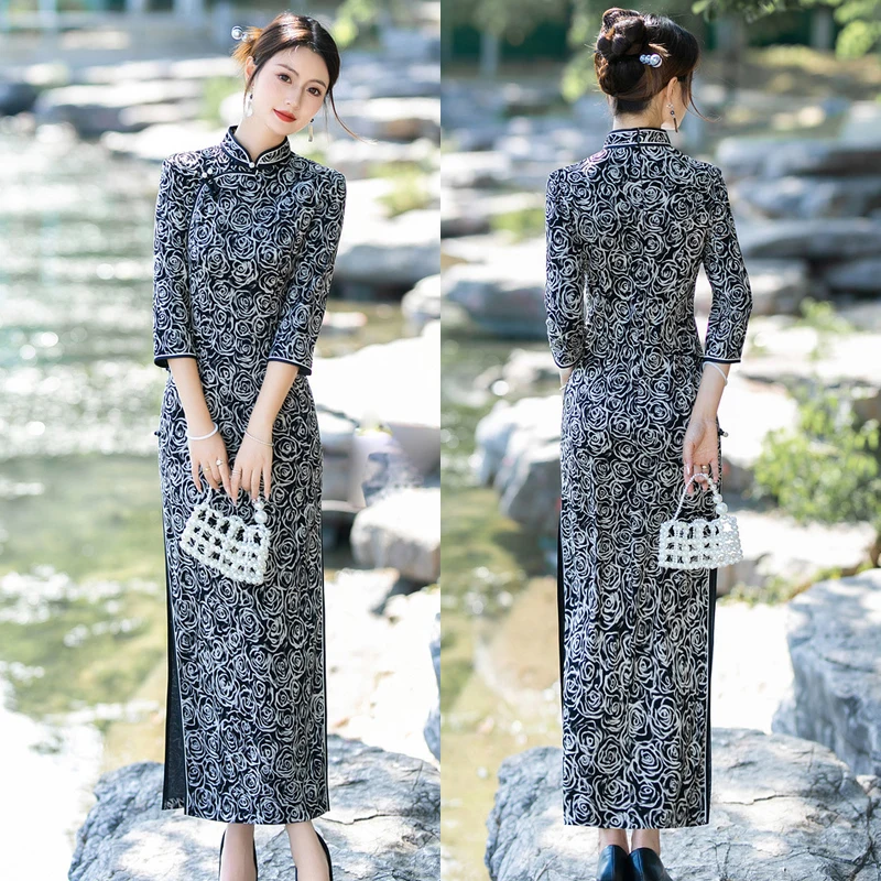 

Vintage Black Printed Cheongsam Long Sleeve Spring Autumn Daily Elegant Party Dress Plus Size Chinese Style Slim Classical Qipao