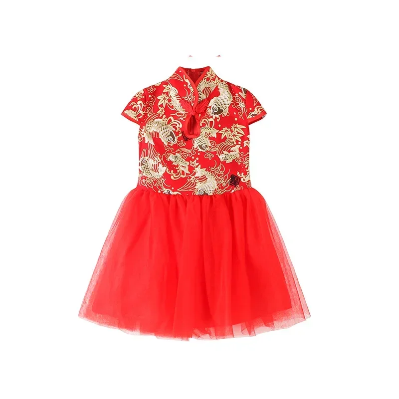 Summer Red Chinese Style Dress Girl Qipao Performance Children Clothing Vestidos Fashion Cheongsam Mesh Kids Princess Dresses