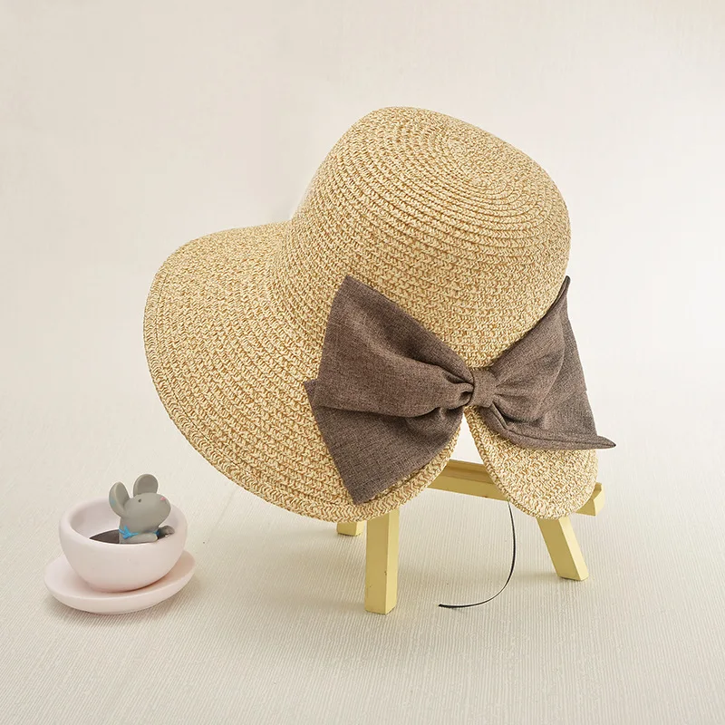 Folding Straw Hat For Women Summer Outing Visor Cap Sun Visor Holiday Bowknot Sweet Hat Sea Large Brim Beach Bucket Panama Cap