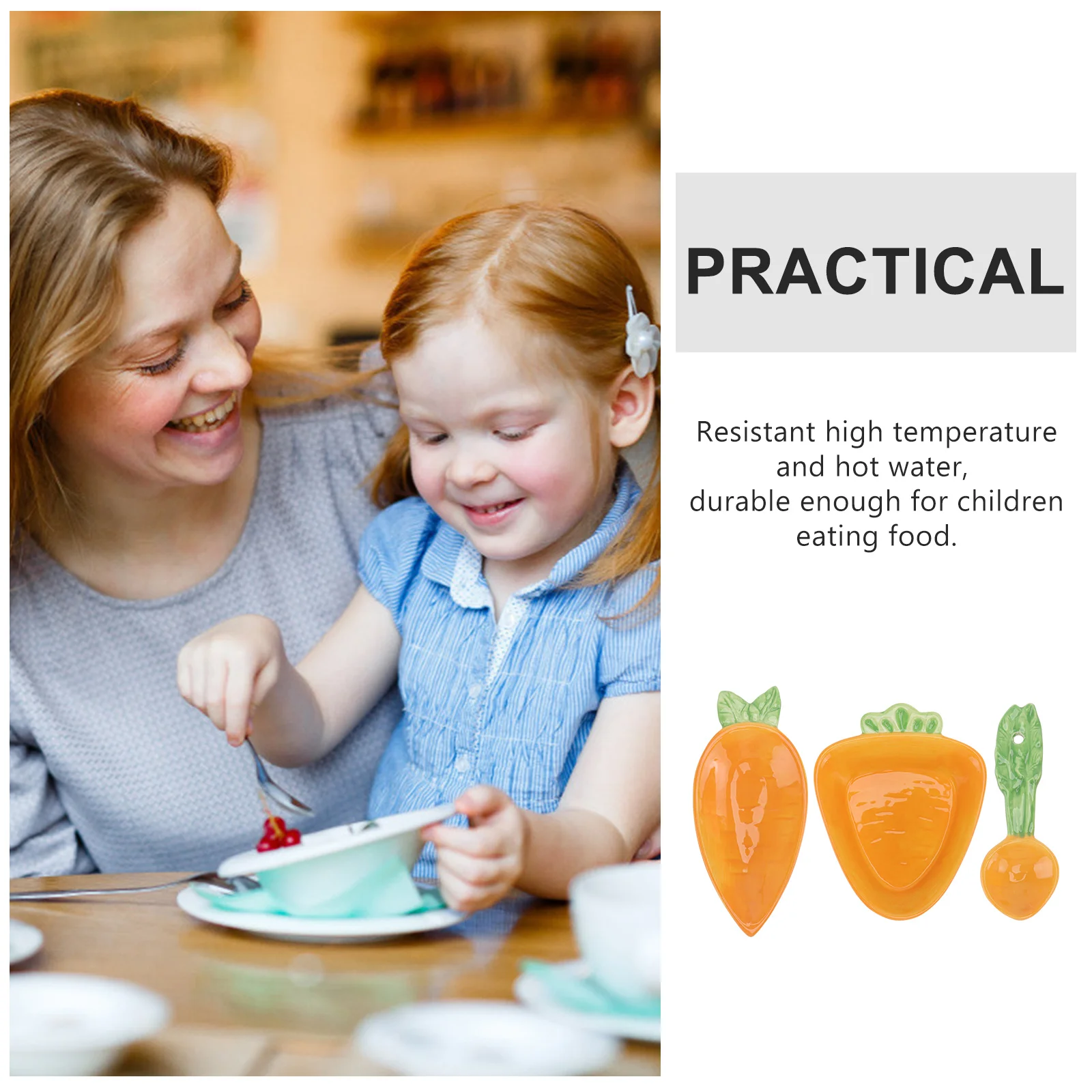

3Pcs Children Ceramic Tableware Kit Cartoon Radish Design Bowl Plate Spoon Orange High Temperature Resistant Cute Baby Eating