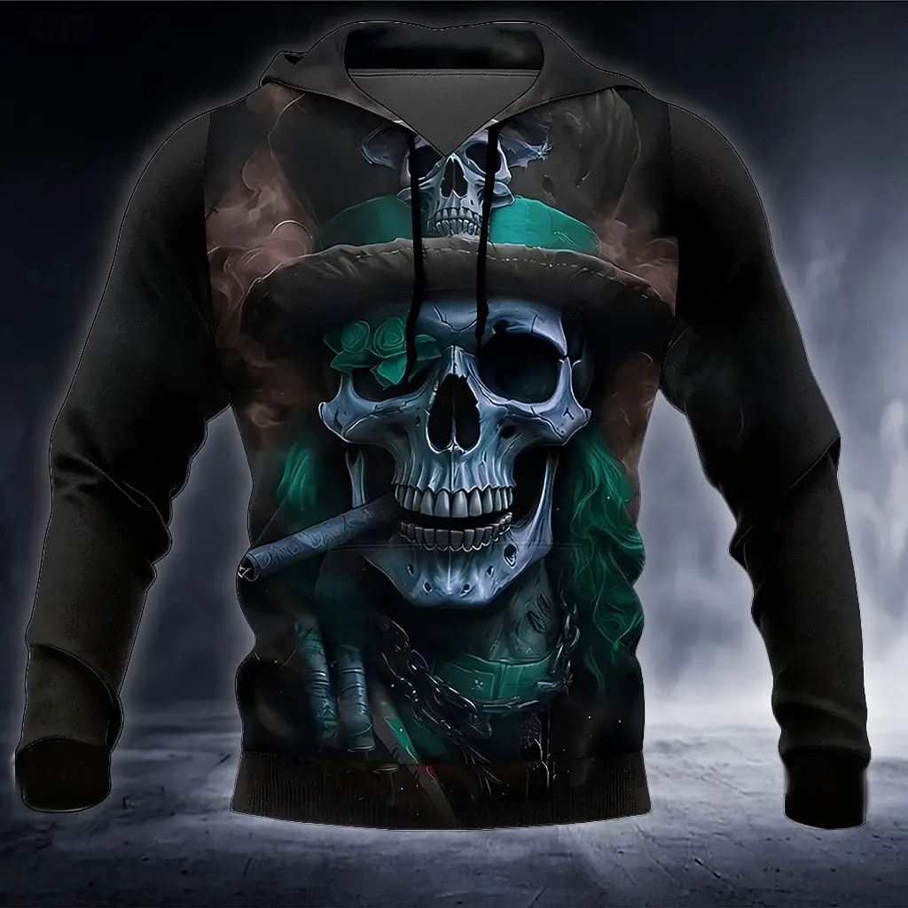 Men Halloween 3D Gentleman Skull Rose Print Hoodie Drawstring Pocket Long Sleeve Pullover Casual Streetwear Graphic Sweatshirt