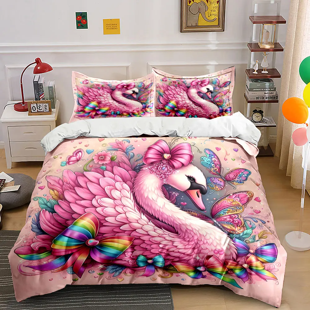 Pink swan with colorful decorations Print Soft Comfortable Duvet Cover Bedding Set Included 1*Duvet Cover 2*Pillowcases