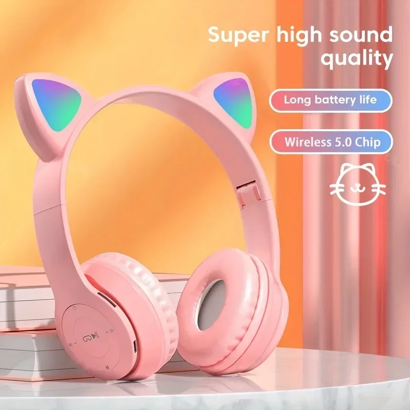 

Cute Cat Ear Bluetooth Compatible Headset with LED Wireless Headset Children Girls Stereo Folding Sports Headset with Microphone