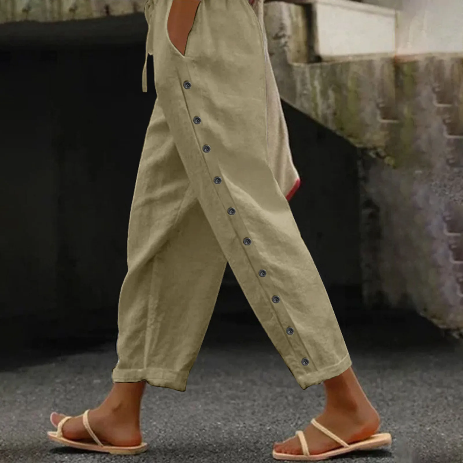 Pantalones largos con bolsillos negros para mujer, pantalón holgado de cintura elástica con botones, parte inferior elegante, informal, a la moda, novedad de primavera y otoño