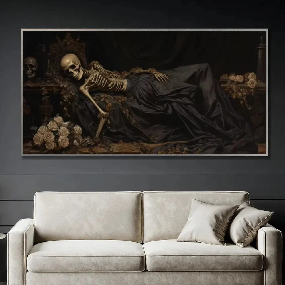 Dark Academia Wall Art Sleeping Skeleton Poster Print Creepy Victorian Eternal Slumber Skull Canvas Painting Gothic Home Decor