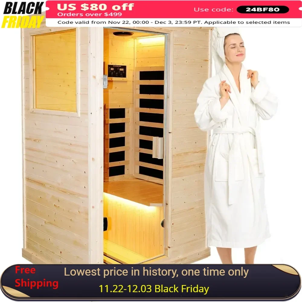 Far Infrared Wooden Sauna Room Home Sauna Spa Low-EMF Dry Saunas Single Person Spa Finland Spruce Wood Fit for 7ft Person