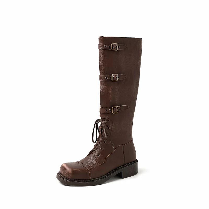 Arden Furtado Women's Genuine Leather Knee High Boots Lace-Up Platform Chunky Heel Belt Buckle Motorcycle Boot Pull-On Style view 6