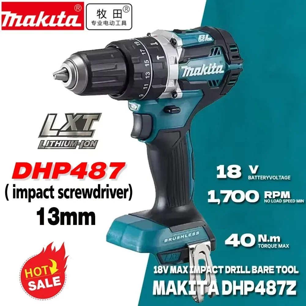 Makita DHP487 Schraubendreher Akku-Schlagbohrmaschine, 18 V, elektrischer bürstenloser Motor mit variabler Geschwindigkeit, Schlagbohrmaschine für Elektrowerkzeuge