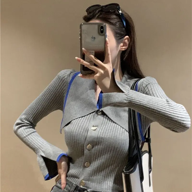 

Solid Color Long-Sleeved Sweater Women Early Autumn New Top Lapel Slim Fit Inner Layering Shirt Short Cardigan