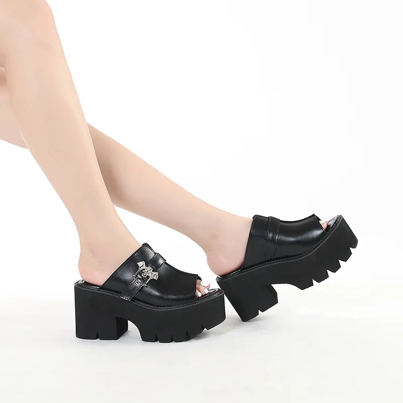 High quality summer thick soles leather sandals for women 8cm high heel new 2025 35 43 platform open toe fashion shoe black