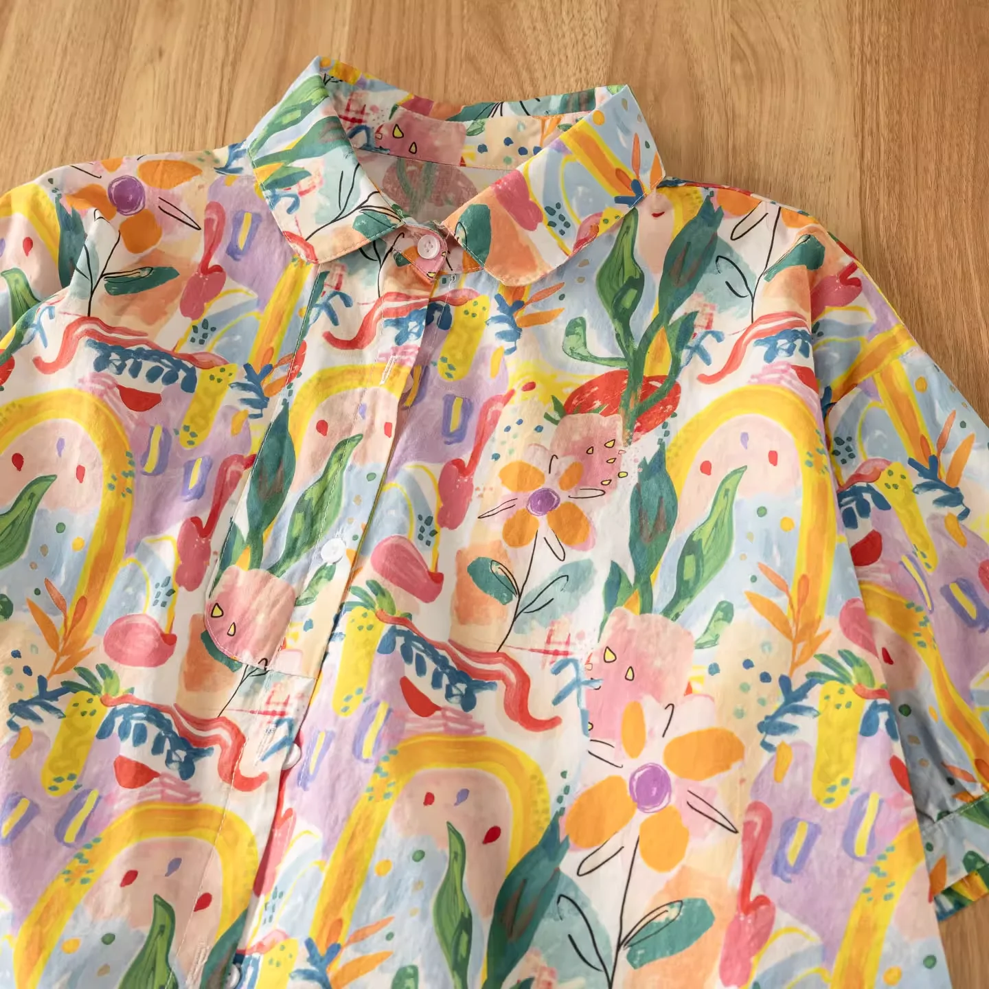 

Bust 118cm Pure Cotton Hawaiian shirt harajuku fashion tropical plant leaves print shirts short sleeve blouses for women