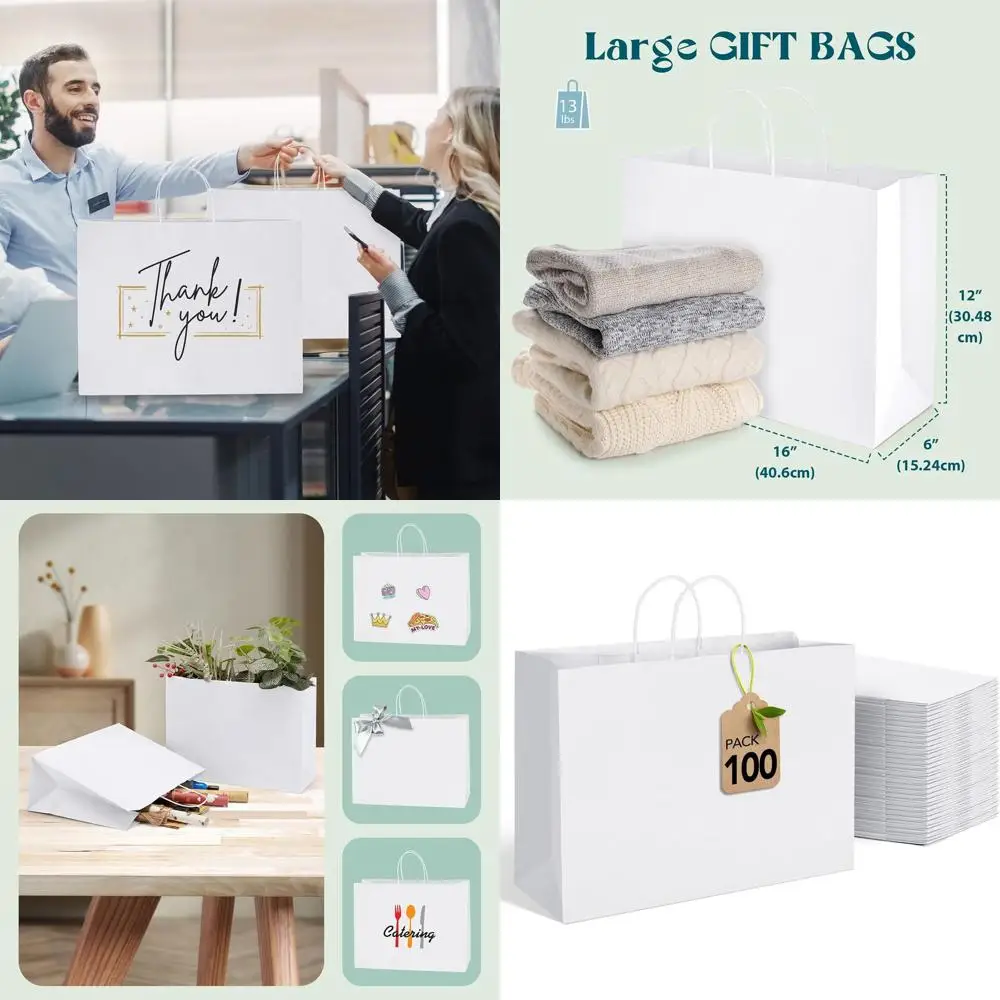 

100-Pack Recycled Kraft Paper Shopping Bags, 16x6x12 Inches, with Handles for Business and Parties