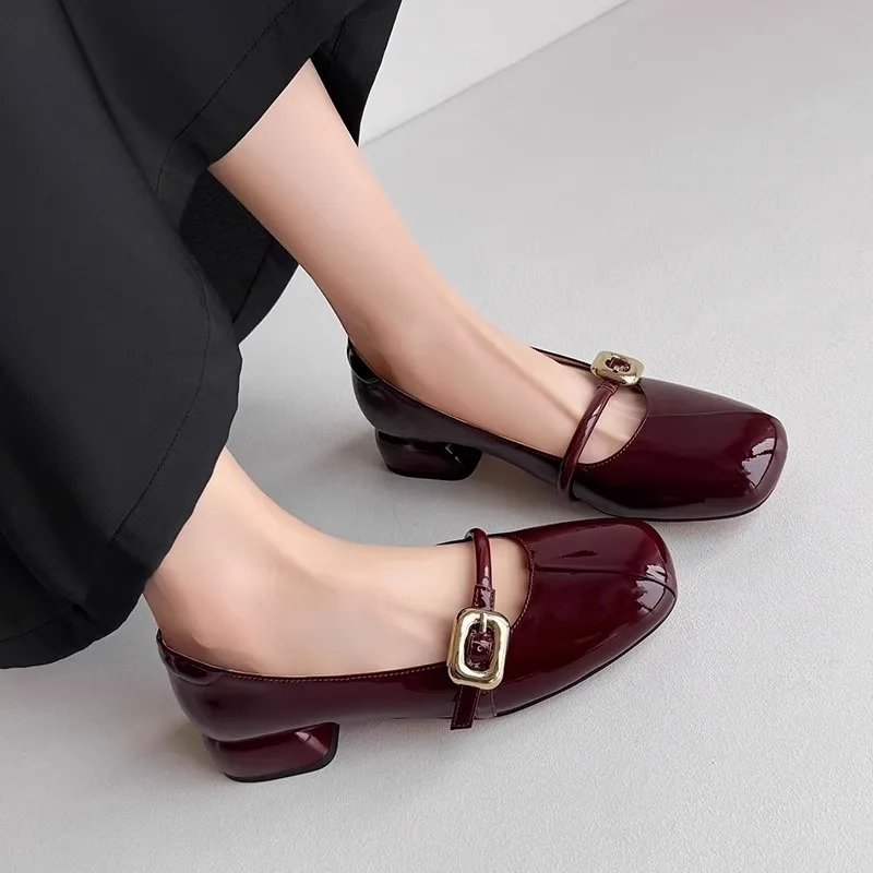 

Shallow Mouth Single Shoes Women Spring and Autumn 2024 New Low Heel Mary Jane Shoes with Thick Heel Non-slip Square Patent