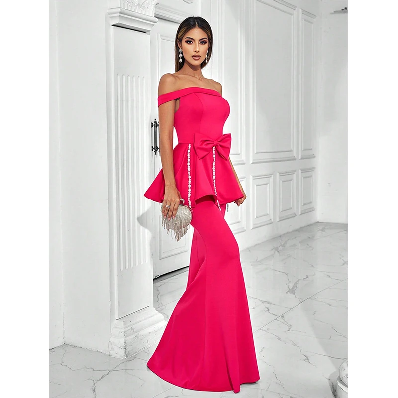 ชุดเดรสยาวทรงเมอร์เมดสีชมพูสำหรับผู้หญิง สไตล์เปิดไหล่ แต่งระบายช่วงเอว เหมาะสำหรับงานเลี้ยงค็อกเทล งานพรอม งานแต่งงาน งานปาร์ตี้ยามเย็น หรืองานอื่นๆ
