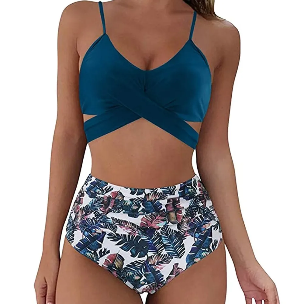 Women's Wrap Cross Cutout Two Piece Bathing Suit High Waist Tropical Leaf Separated Swim Set for Outdoor Water Activity Swimwear