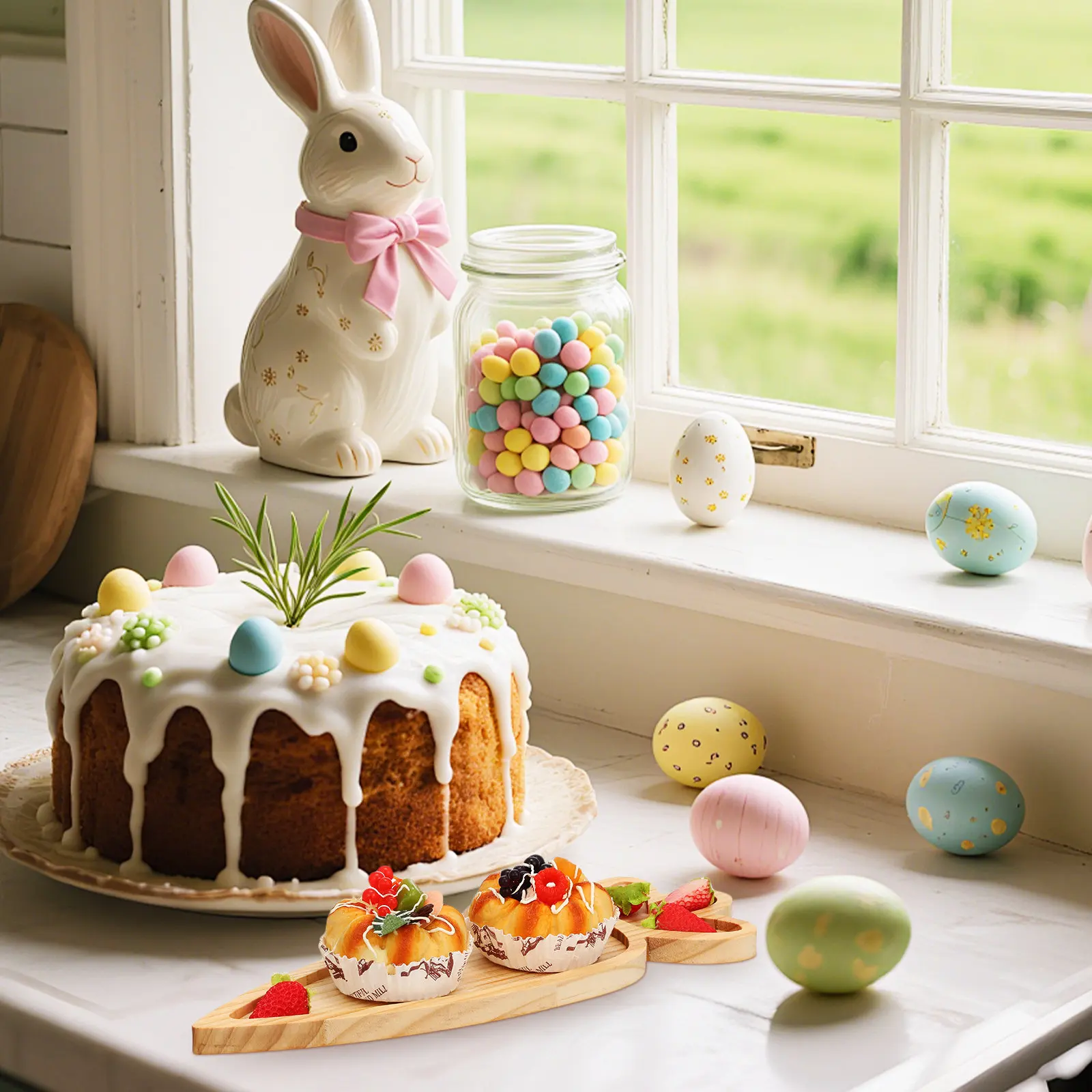 2Pcs Easter Bunny and Carrot Wood Serving Tray Set Natural Animal Shaped Charcuterie Boards Farmhouse Snack Dessert Candy Dish