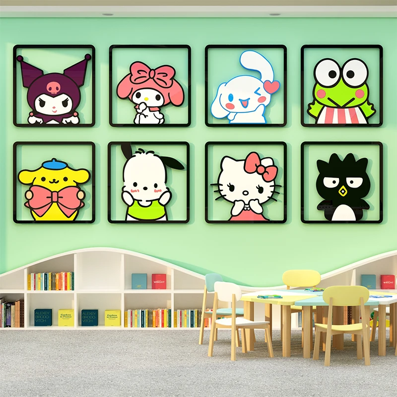 Diy Self-Assembly Cartoon Sanrio Acrylic Wall Sticker Hello Kitty Melody Kuromi Cinnamoroll Wall Sticker Room Wall Decor