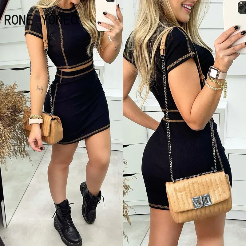 Women Casual Chic Round Neckshort SleevesBright Line Decoration Bodycon Skirt Sets