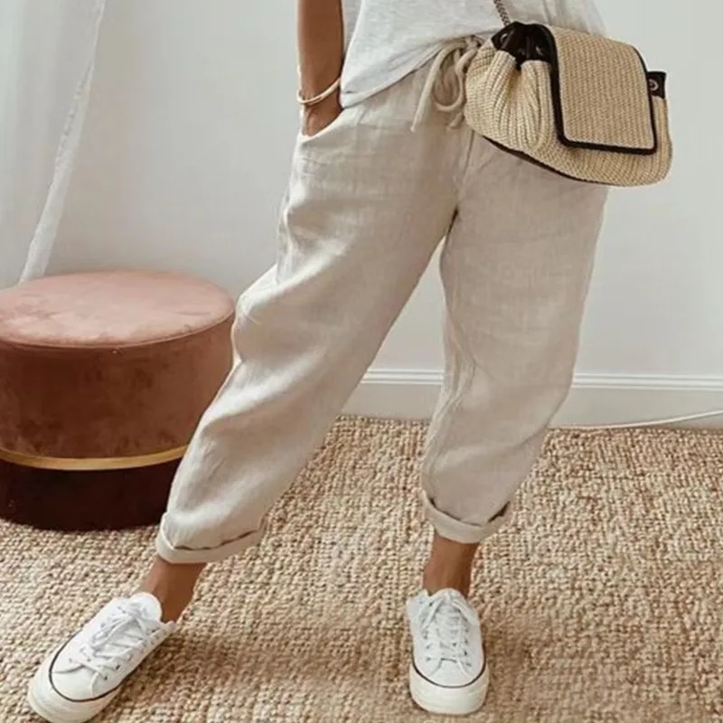 

Retro Solid Pants for Women Summer Cotton Linen Mid-waist Ankle Length Pant Pocket Straight Trousers Office Lady Casual Overall