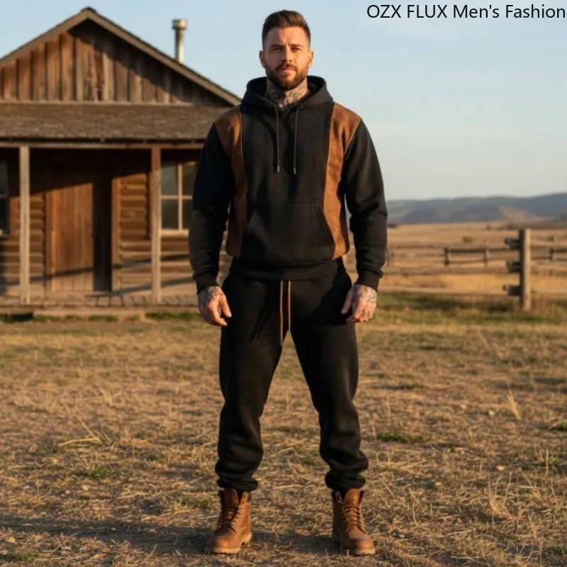 Conjunto Deportivo de Dos Piezas para Hombre, Talla 3XL, Otoño Invierno, Ligero, Transpirable, Color Negro Militar con Costuras Marrones, Sudadera con Capucha y Pantalones Jogger de Gamuza