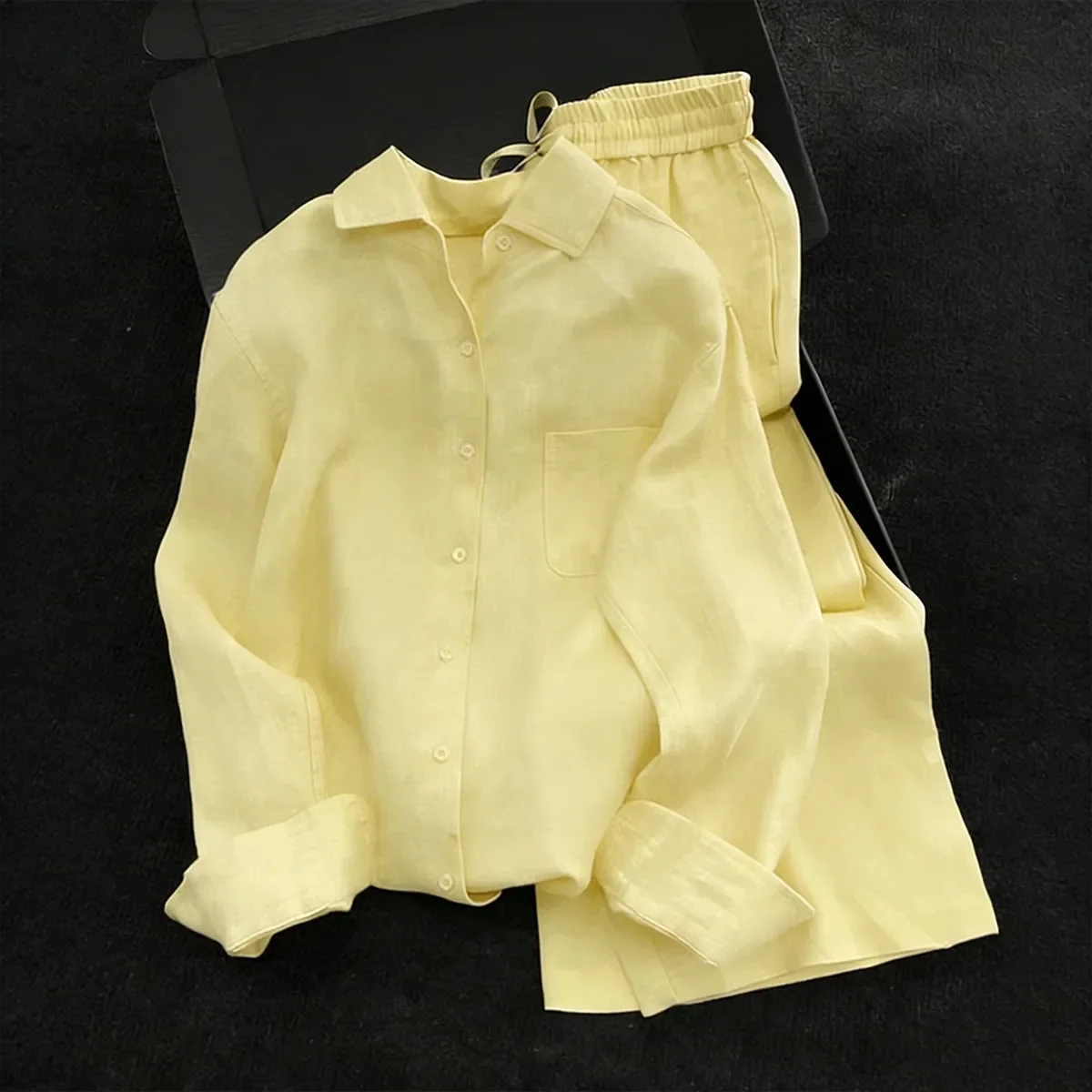 Asian Imitation Linen Suit Women's Spring and Summer New Item Dopamine Orange Relaxed Long Sleeved Shirt Wide Leg Pants Set