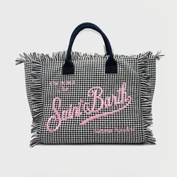 New Women's Large Capacity Casual Travel Beach Thousand Bird Plaid Checkered Brand Design Handmade Tassel Handbag