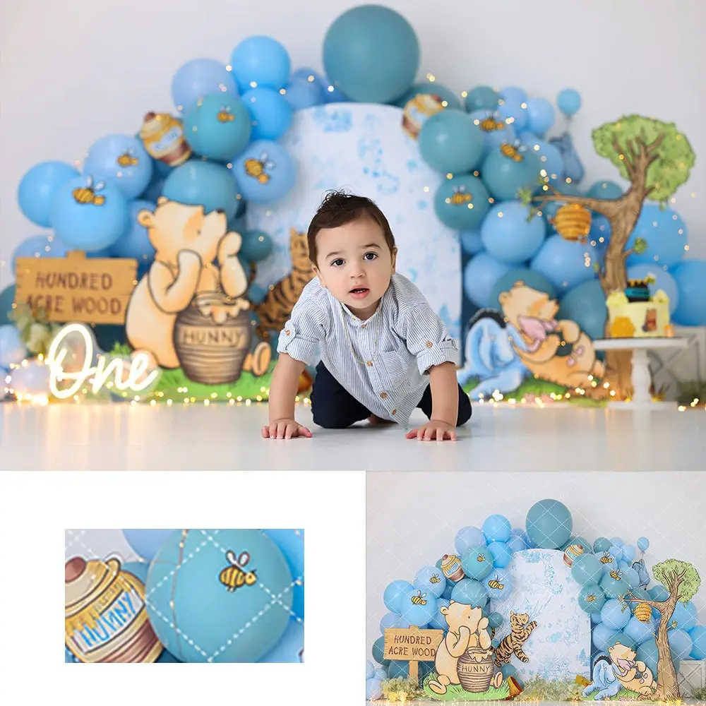 Balloon Arch Cute Bear and Honey Bee Photography Backdrop Kids Baby Cake Smash Photocall Decors Child Adult Birthday Backgrounds