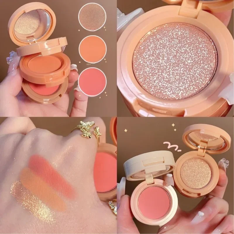 Placa de blush 3 em 1, blush iluminado integrado, placa de blush portátil, à prova d'água e à prova de suor, cosméticos faciais