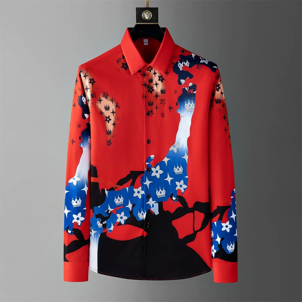 

Brand Rhinestone Printed Shirt Men 2024 Autumn Long Sleeve Luxury Social Shirt Fashion Slim Fit Casual Business Dress Shirts