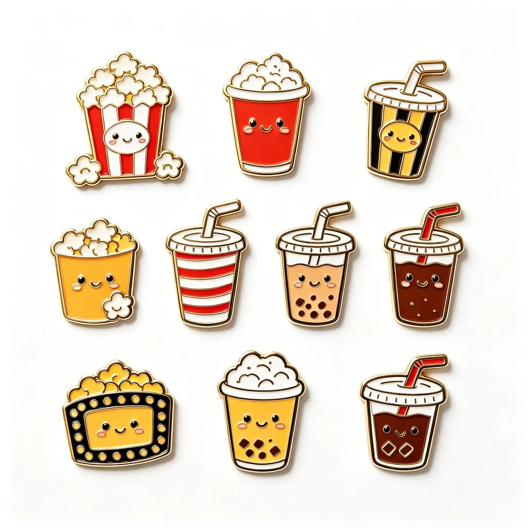 Custom Metal Enamel Lapel Pins Popcorn & Soda Movie Night Pins Gold Plated with Butterfly Clutch - Detail 1