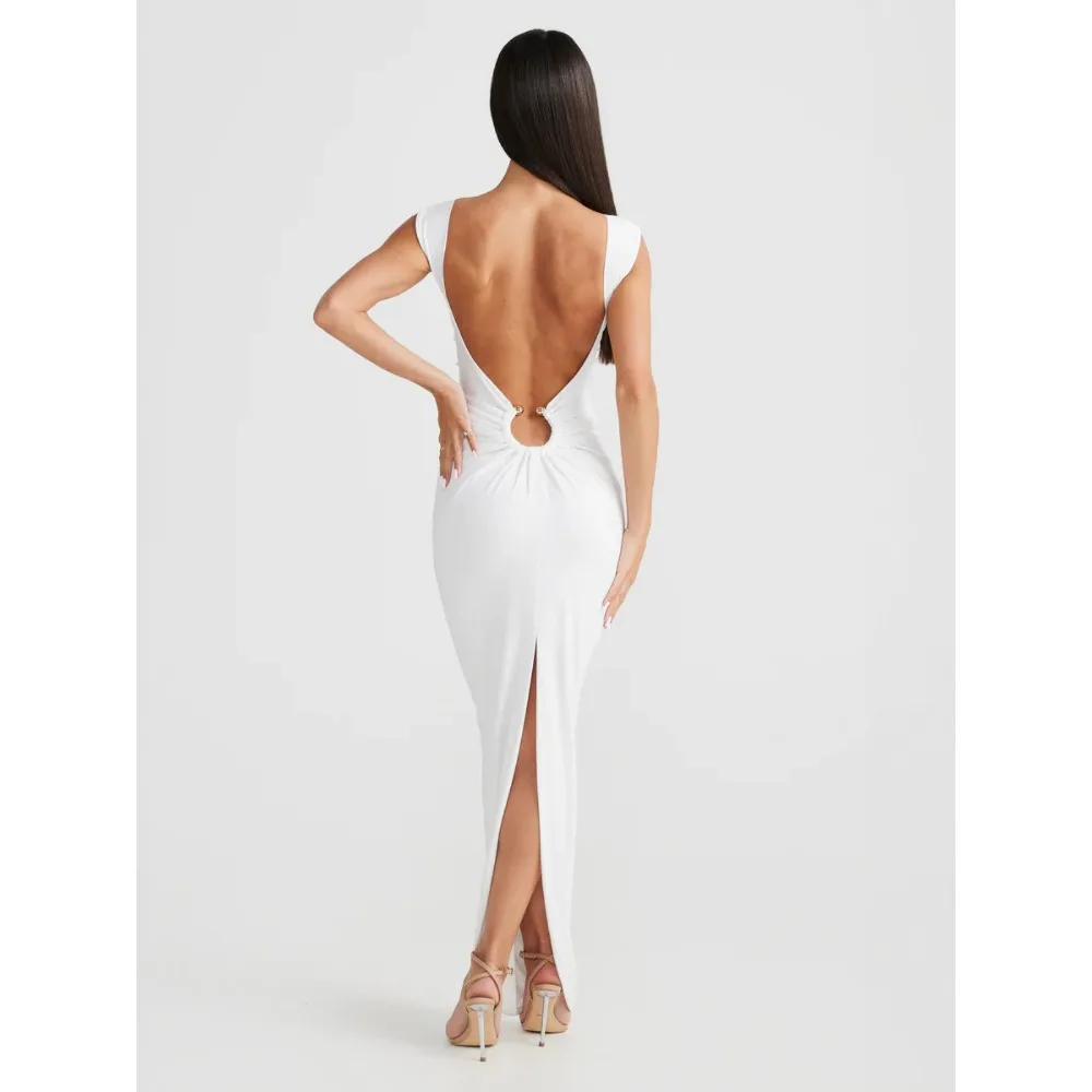 Dresses 2026 Woman  Elegant Sleeveless Bodycon Skirts Gold Button Chest Cutout Detail Backless Evening Cocktail Party Dress Y2K