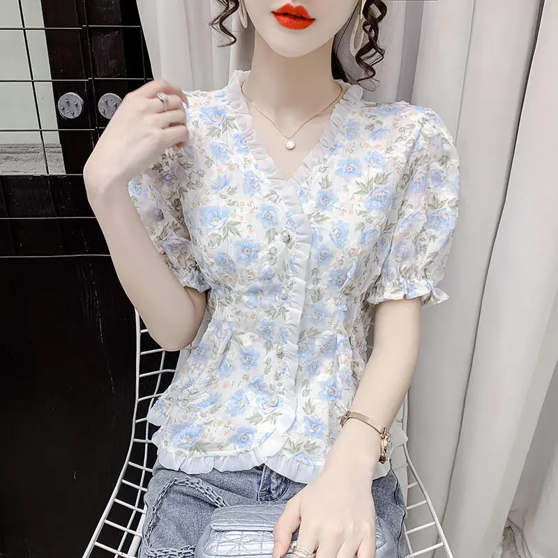 Korean Fashion Single-breasted Blouse 2023 Summer Ruffles Casual Broken Flower Printed Female Elegant V-Neck Gauze Spliced Shirt