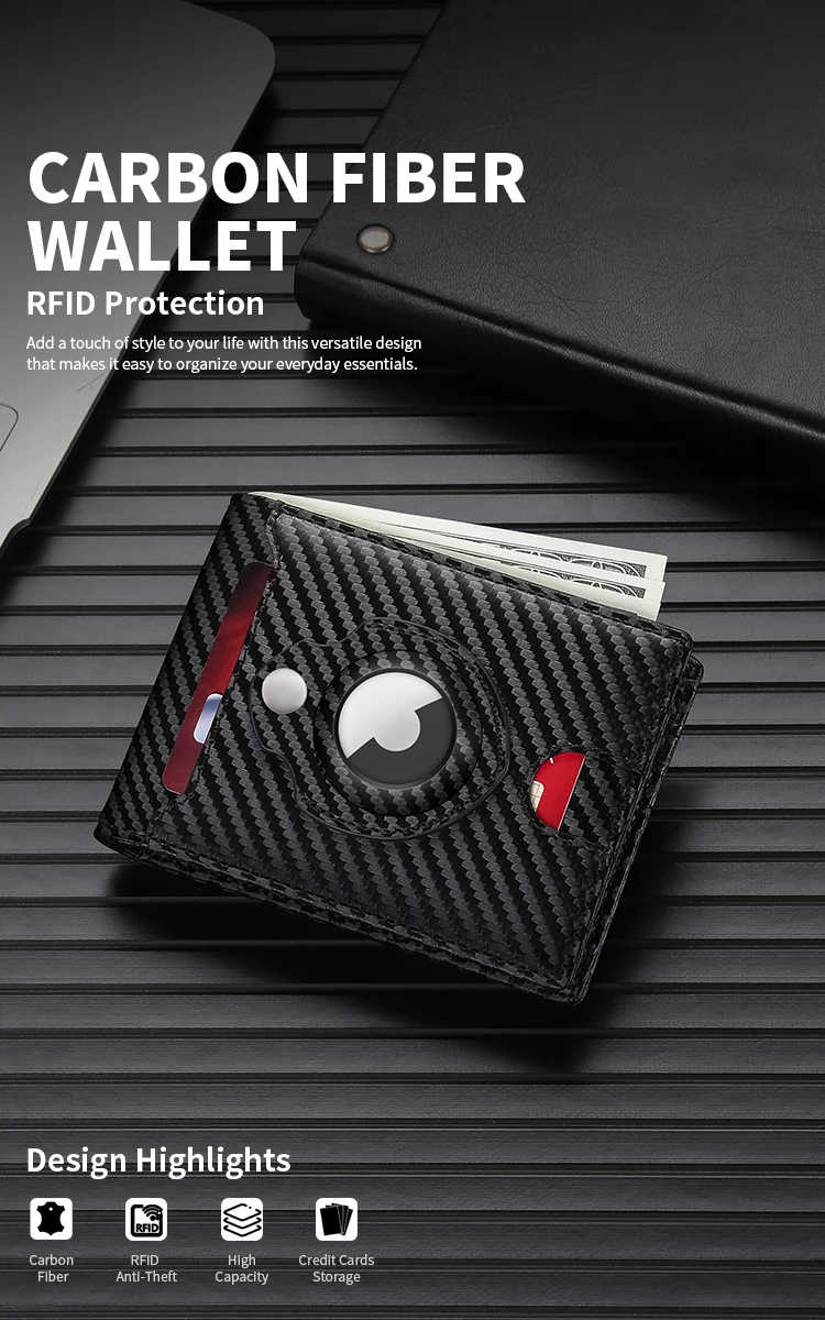 Ultradünne Herren-Geldbörse von GERUOLA mit Apple Airtag-Halterung – RFID-Blockierung, Kohlefaser-Textur, minimalistisches Design, mehrere Karten – Detail 1
