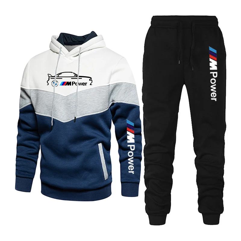 Patchwork Sweatshirt Men's set BMW Brand Logo Hoodies Streetwear Male Fashion Autumn Winter Outwear + Pants 2 Piece Tracksuit