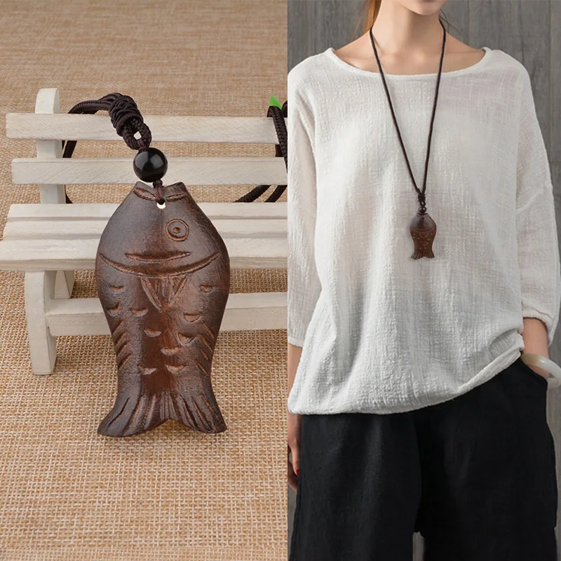 

Wooden fish necklace pendant, women's wooden artistic retro long chain pendant, cotton and linen ethnic style jewelry