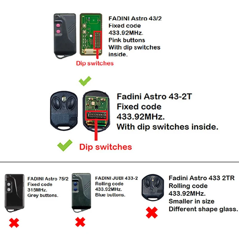 For FADINI ASTRO-43-2 ASTRO-43-4 ASTRO-433-2TR SAMLL Garage Door Remote Control 433MHz Fixed Code Hand Transmitter Cloner