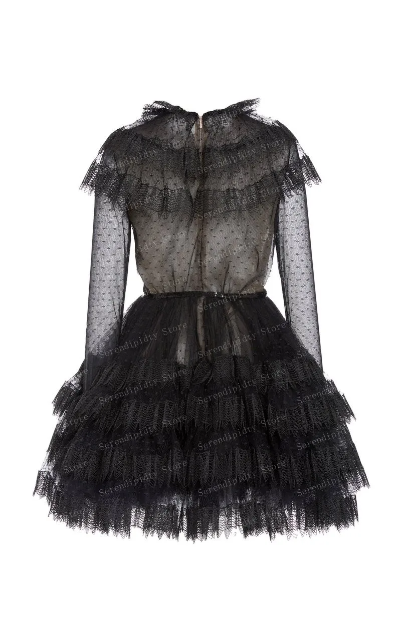 Vestido de festa preto com decote redondo, manga comprida com babados de bolinhas, vestido de baile de tule em camadas, mini vestido de coquetel feminino plus size