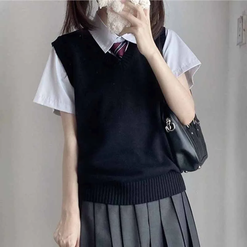 College Style Sleeveless Sweater Vest Women Preppy Style All-Match School Girls Jk Knitted Vest Solid Basic Knitwear Waistcoat