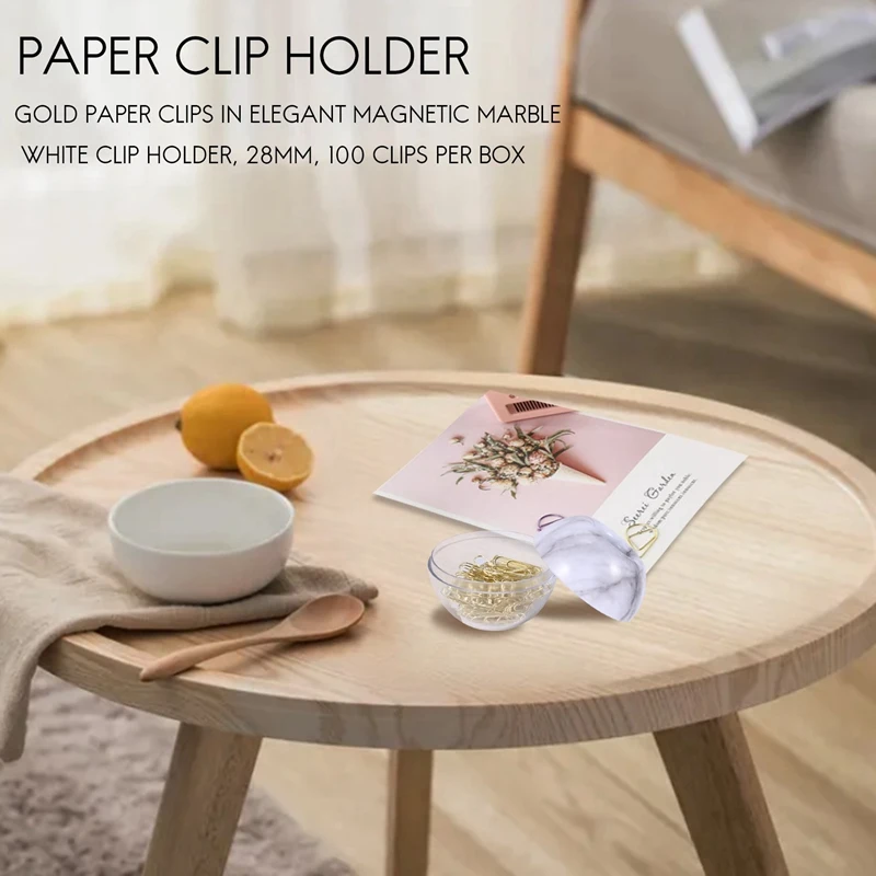Gold Paper Clips In Elegant Magnetic Marble White Clip Holder, 28Mm, 100 Clips Per Box