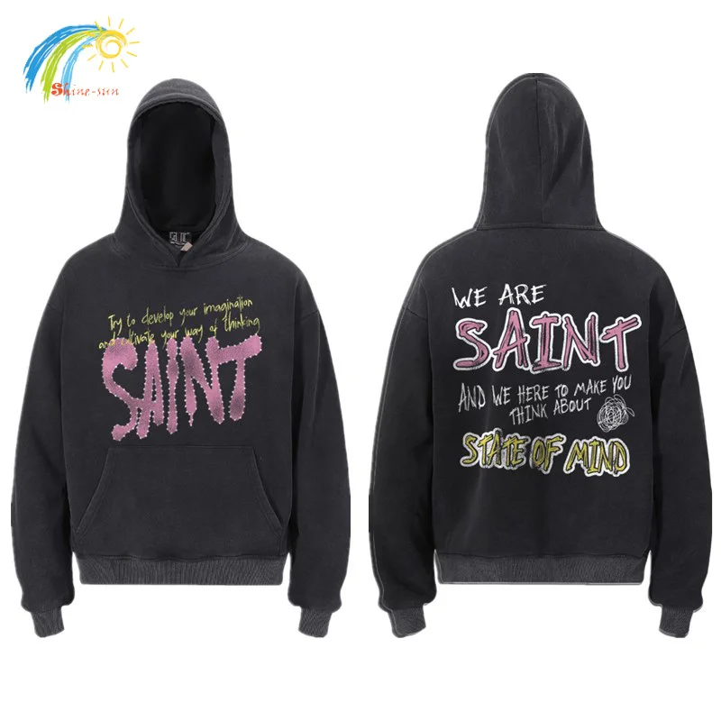 

Men Women Couple Casual Pink Letters Logo Print Saint Pullovers 100% Cotton Vintage Washed Black Hoodie Hooded Oversized