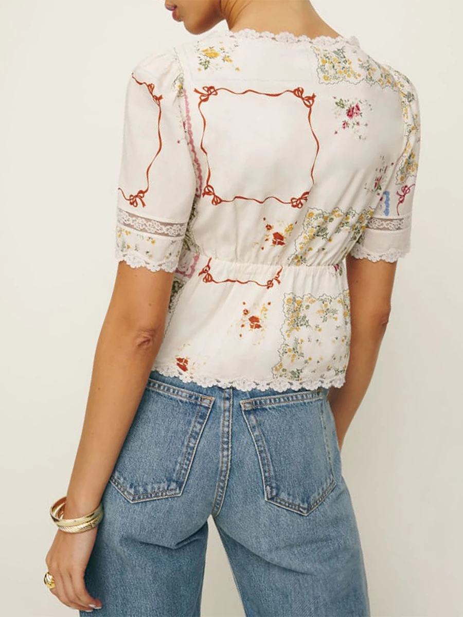 Women Short Sleeve Shirts Summer Lace Trim Floral Print Tie-Up Front Fashion Trendy Blouses Female Casual Tops Streetwear Y2K