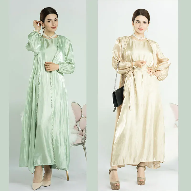 Ramadan Muslim Women Clothes 2 Pieces Silky Satin Modest Pearl Beaded Open Abaya+sleeveless Dress Islam Party Gown Arabic Kimono