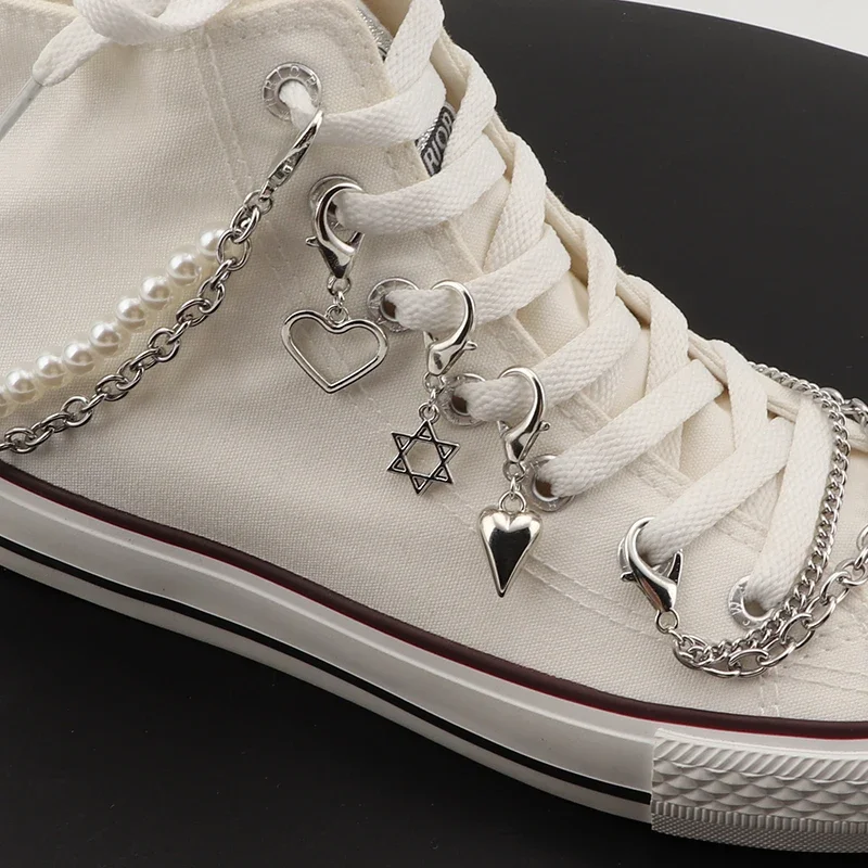 Sweet Cool Stainless Steel Shoe Decorations Hollow Star Love Pendant Pearl Double Layer Bling Rhinestone Shoe Chain