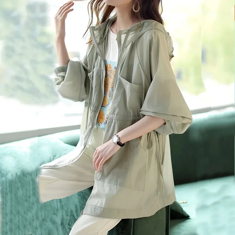 Lightweight Hooded Sunscreen Jacket Women's Mid-Long White Windbreaker Waist-Breathable Summer 2022 New Korean Loose Trench Coat